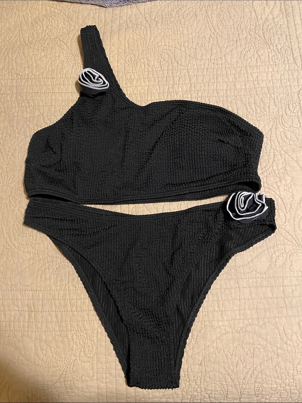 Black One-Shoulder Bikini Set with Floral Accent - Women Swim